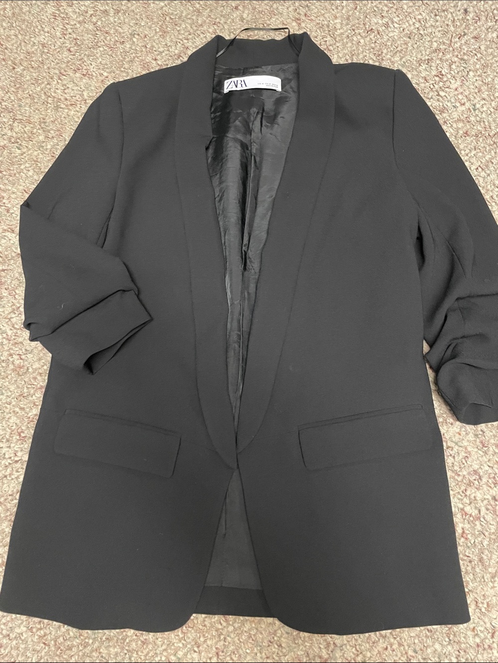 Zara Black Longline Open Blazer with rutched 3/4 sleeve - new